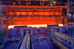 Hot steel from oven at the hot rolling mill